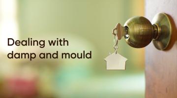 Picture of a door handle with key inserted with the words dealing with damp on mould to the left hand side
